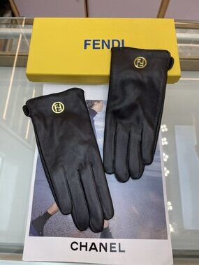 Fendi Black Leather Gloves with Gold FF Medallions
